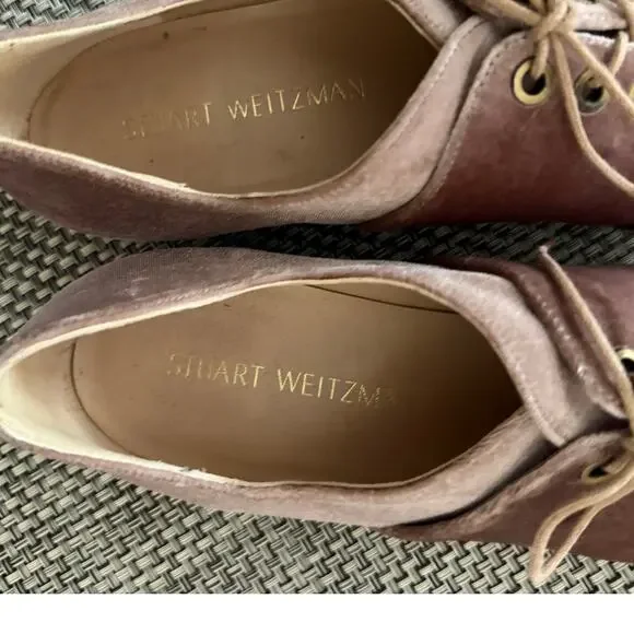 Stuart Weitzman Cello Velvet Lace Up Pointed Toe Oxford Flat Soft Petal Pink 9 - Picture 5 of 7